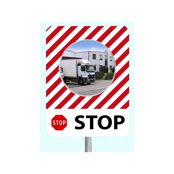 Miroir de sécurité à message cadre rouge et blanc 900 x 1200 mm "STOP"
