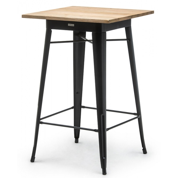 Table haute de restaurant Atelier en acier noir et plateau bois 70 x 70 cm