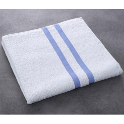 Drap de bain Luxe 100% coton blanc liteau bleu 400 g 70x140 cm (le lot de 40)