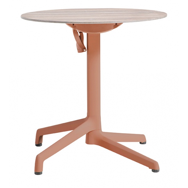 Lot de 2 tables Cannes rabattable et encastrable pied simple terracotta plateau HPL bois walnut Ø69 cm