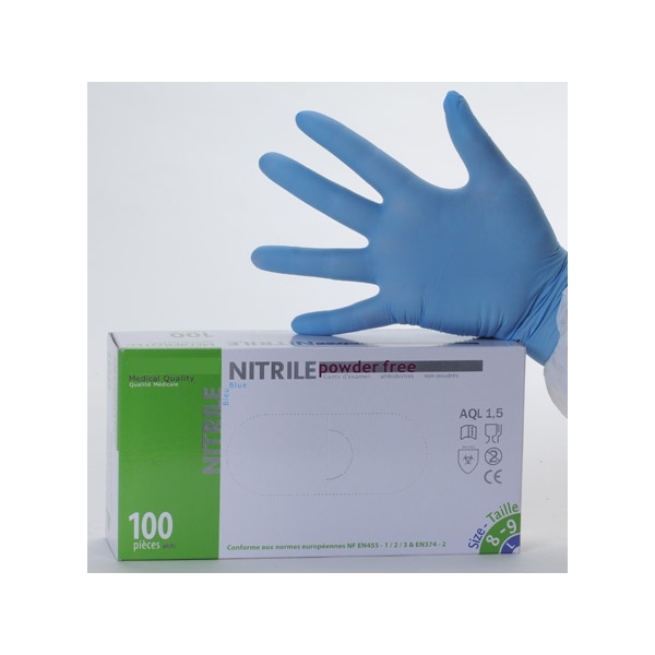 Gant d'examen nitrile bleu non poudré AQL 1,5 qualité médicale (le carton de 1000)