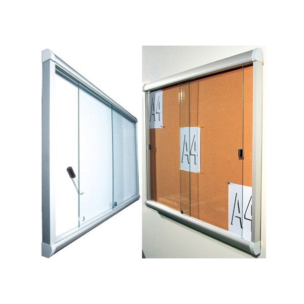 Vitrine intérieure à porte coulissante en verre fond liège 24 A4 (103x176 cm)