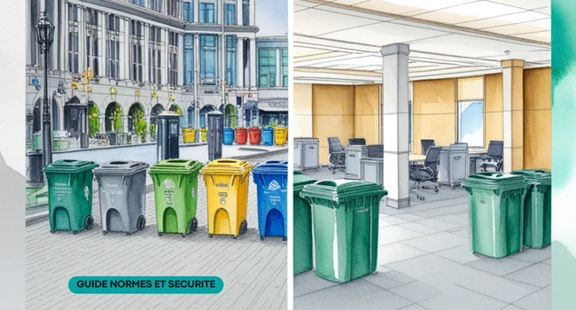 Poubelles de tri des déchets en collectivité alignées dans un espace public