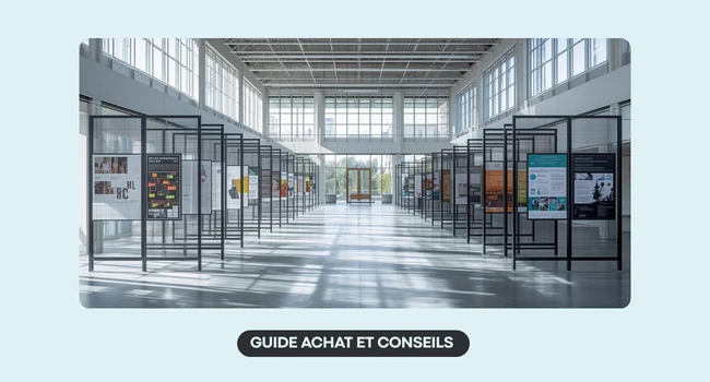 Grille d'exposition pour collectivités utilisée dans un hall