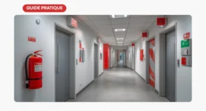 Panneau de signalisation incendie et extincteur conformes aux normes anti-feu collectivités dans un ERP