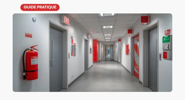 Panneau de signalisation incendie et extincteur conformes aux normes anti-feu collectivités dans un ERP