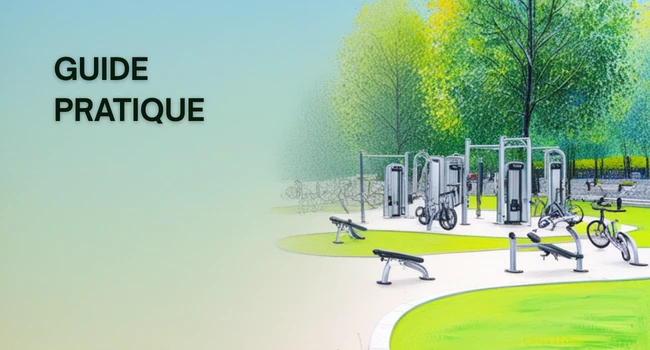 parcours santé urbain avec équipements fitness en libre accès dans un espace public verdoyant