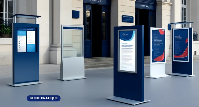 Solutions d'affichage mairie avec panneaux modulables dans un hall d'accueil public