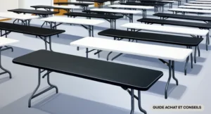 Tables pliantes polyéthylène disposées dans une salle polyvalente de collectivité
