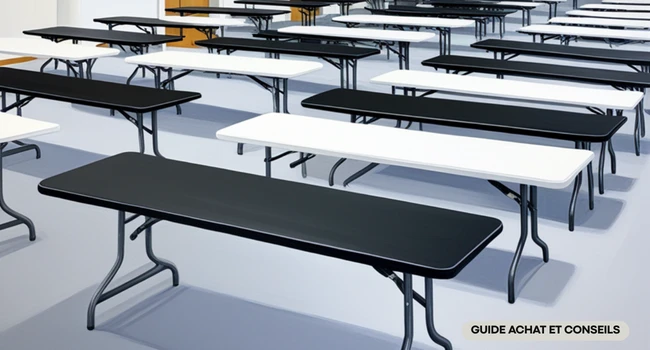 Tables pliantes polyéthylène disposées dans une salle polyvalente de collectivité